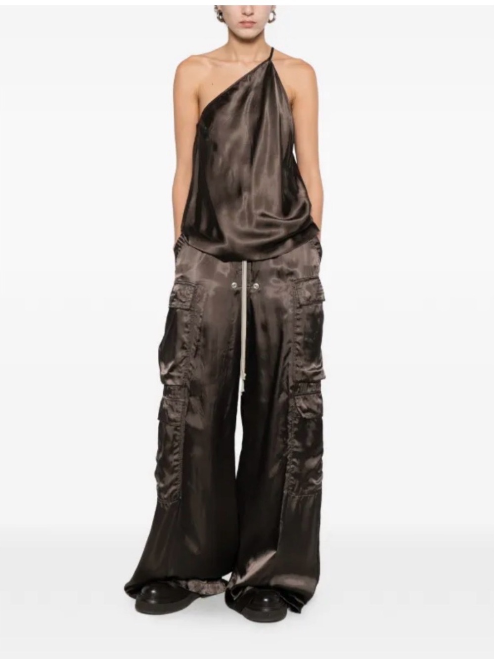 NWOT Rick Owens One-Shoulder Satin Top in Dark Brown